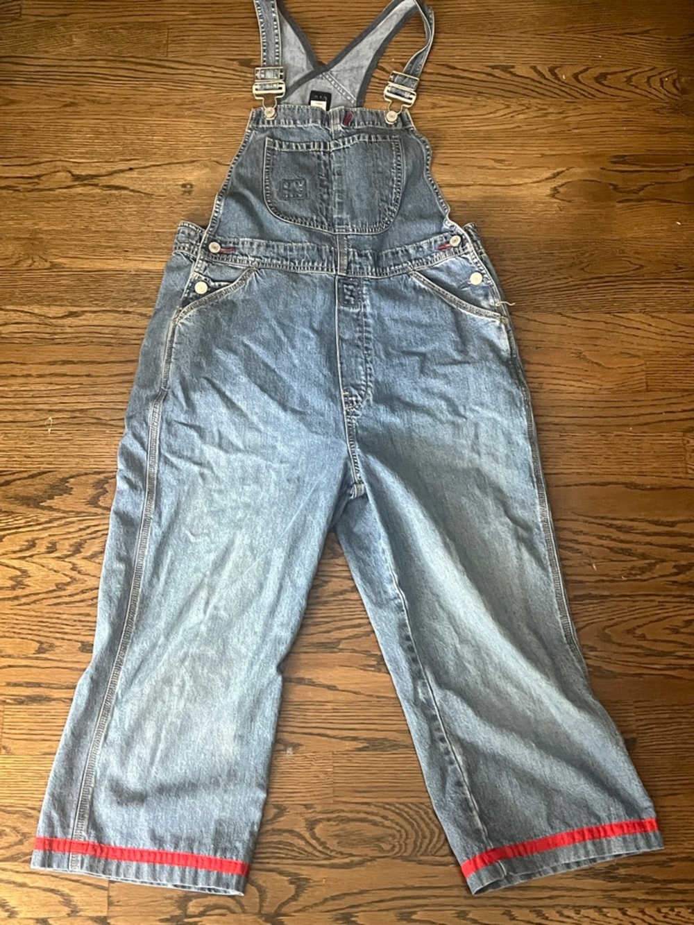 GAP Light Blue Cropped Denim Overalls with Red Hem Trim
